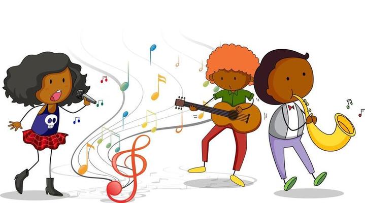 Doodle cartoon character with music band on white background