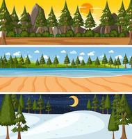 Conjunto de tres escenas horizontales de naturaleza diferente. vector