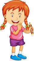 personaje de dibujos animados de niña feliz sosteniendo un lápiz vector