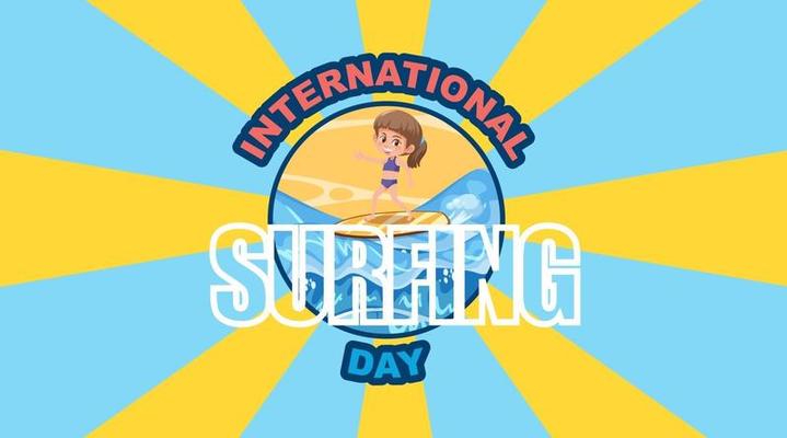 International Surfing Day Banner with yellow and blue rays background