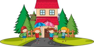 Front view of mini house with many kids on white background vector