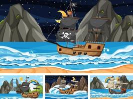 Set of Ocean with Pirate ship at different times scenes  in cartoon style vector