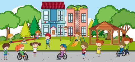 Outdoor scene with many kids playing in the park vector