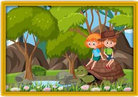 Happy kids playing with big turtle photo in a frame vector