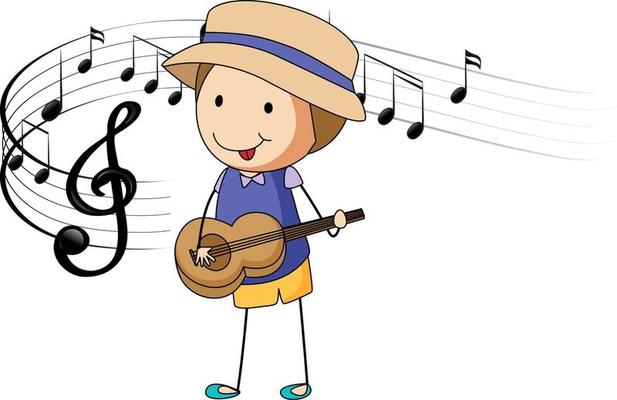 Cartoon doodle a boy playing guitar with melody symbols