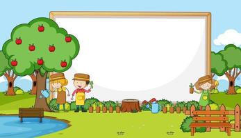 Park scene with blank banner and many gardeners doodle cartoon character vector