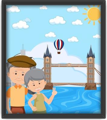 A picture frame with old couple travelling