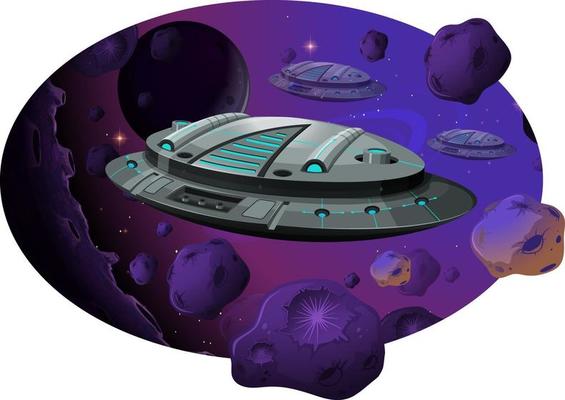 Spaceship with asteroids in galaxy scene