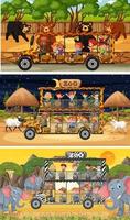 Conjunto de diferentes escenas horizontales de safari con personajes de dibujos animados de animales y niños vector