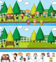 escena del parque con muchos niños doodle personaje de dibujos animados aislado vector