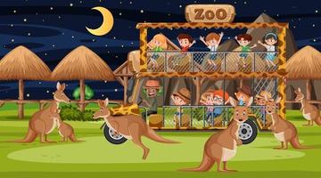 Safari at night scene with many kids watching leopard group vector