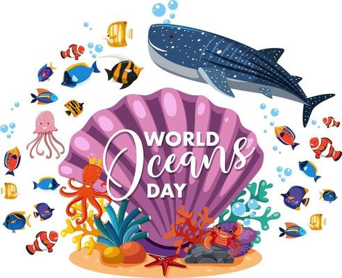 World Ocean Day banner with many different sea animals on white background