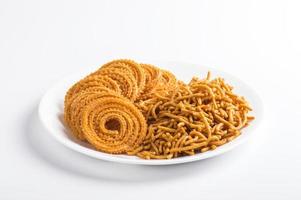 Indian Snack  Besan Gram flour Sev and chakli, chakali or Murukku. photo