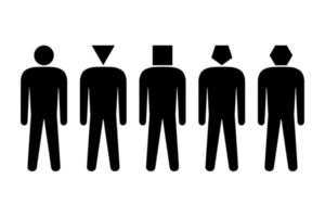 Set of five people with different heads, conceptual scheme of several types consciousness in teams vector