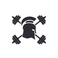 Gym logo, vector emblem, spartan helmet and barbells