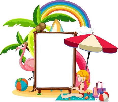 Summer beach theme with blank banner isolated on white background