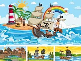 Set of different scenes with pirate ship at the sea and animals in the zoo vector