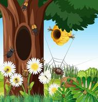 Forest scene with bee hive and other insects vector