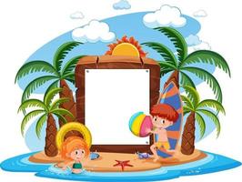 Blank banner template with many kids on summer vacation at the beach isolated vector