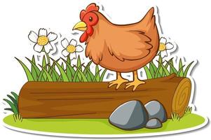 Chicken standing on a log sticker vector