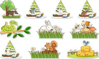 Conjunto de pegatinas con diferentes animales salvajes y elementos de la naturaleza. vector
