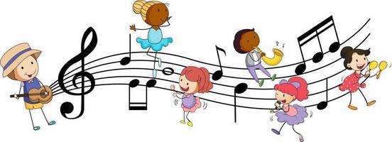 Símbolos de melodía musical con muchos personajes de dibujos animados de niños doodle vector