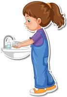 A sticker template with a girl washing hands with soap vector