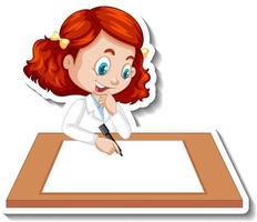 Pegatina de personaje de dibujos animados con una niña escribiendo en papel en blanco vector