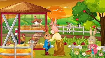 Farm at sunset time scene with rabbit family and farm animals vector