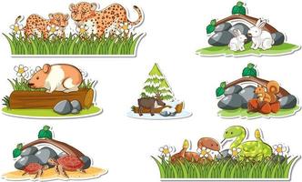 Sticker set with different wild animals and nature elements vector