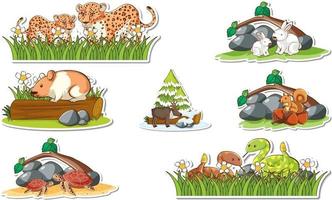 Sticker set with different wild animals and nature elements vector