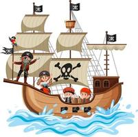 Pirate ship on ocean wave with many kids isolated on white background vector