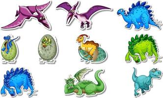 Sticker set with different types of dinosaurs cartoon characters vector