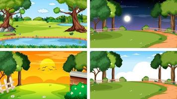 cuatro escenas diferentes de parque natural y bosque. vector