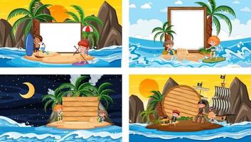 Set of different tropical beach scenes with blank banner vector