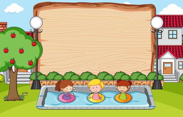 Park scene with blank banner many kids doodle cartoon character