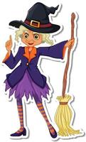 An old witch with broom cartoon character sticker vector