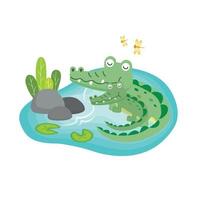 Cute crocodile and baby in the lake. vector