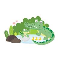 lindo cocodrilo y bebé en el lago. vector