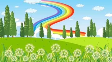 Fondo de escena de parque natural con arco iris en el cielo vector