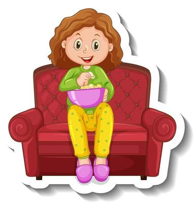 A sticker template with a girl sitting on sofa