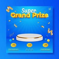 Grand prize contest square banner template with podium and confetti. vector