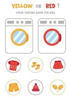 Color sorting game for kids. Yellow or red. Washing machine and colorful clothes. vector