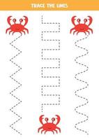 Crab tracing lines. Handwriting practice with sea animals. vector