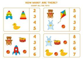 Count how many toys are there. Math game for kids. vector