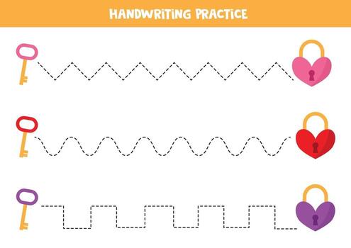 Handwriting practice with heart locks and keys. vector