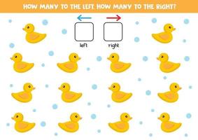 How many toy ducks swim to the right and to the left. Logic game for kids. vector