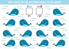 How many whales swim to the right and left. Logical game for kids. vector