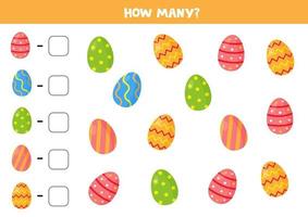 Easter eggs counting game. How many are there. Worksheet for kids. vector