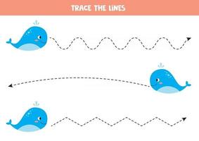 Trace line with blue whale. Handwriting practice for kids. vector